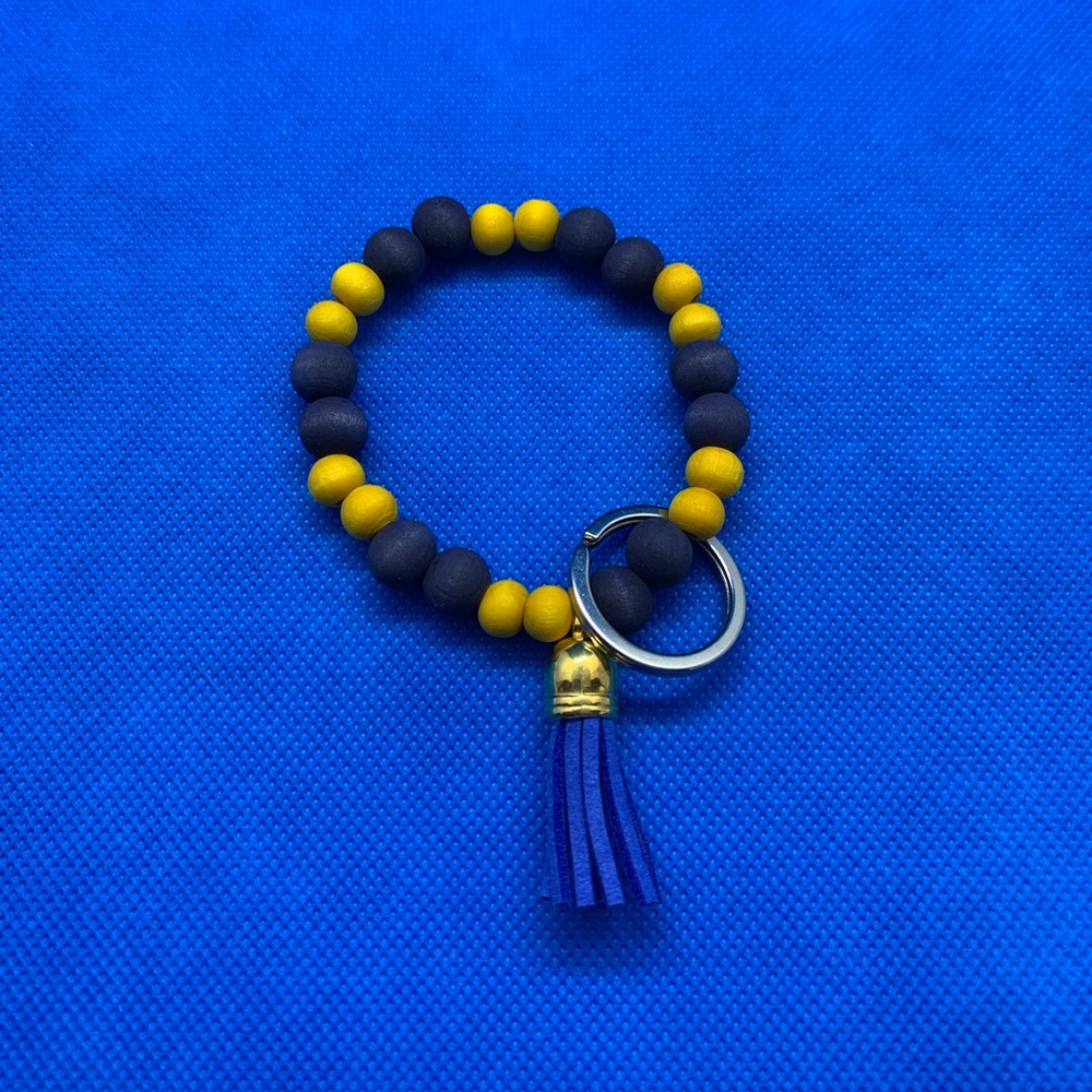 Hand Dyed Wood Bead Keychain Bracelet With Leather Tassel